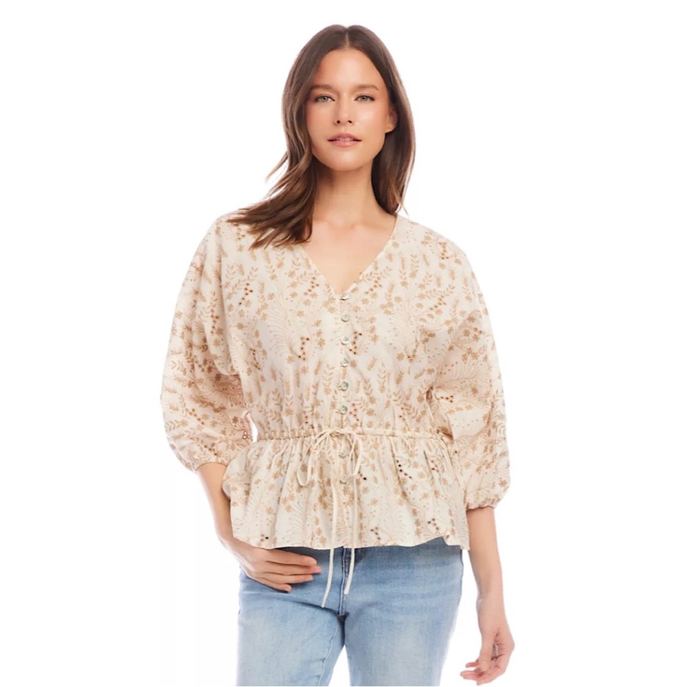 Karen Kane Embroidered Peplum Top Cream XL